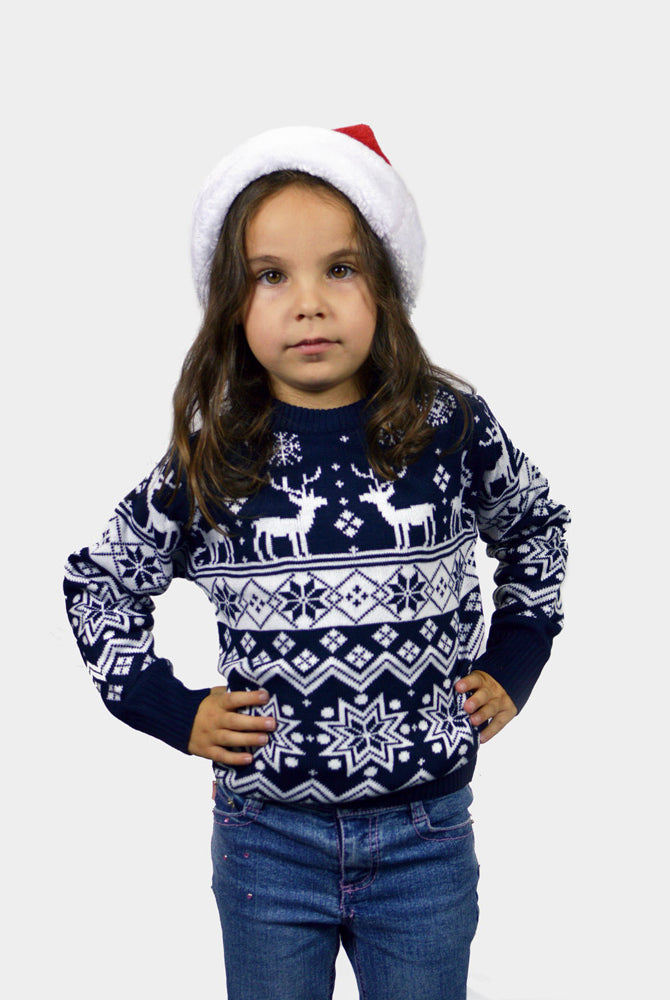 Pull de Noël pour Famille Bleu avec Renne et Étoiles Nordique Enfant