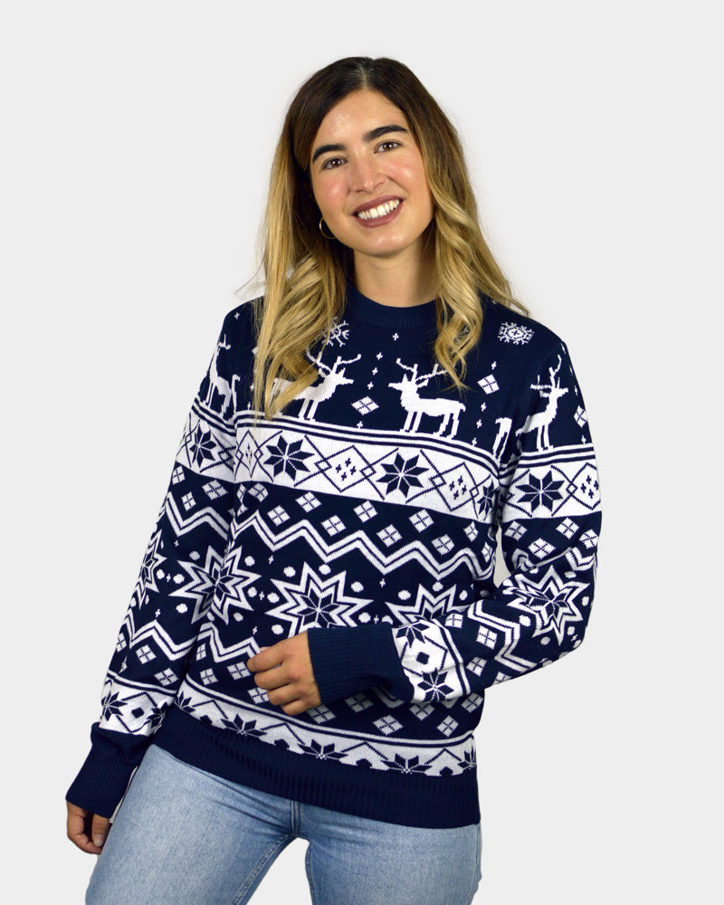 Pull de Noël pour Famille Bleu avec Renne et Étoiles Nordique Femme