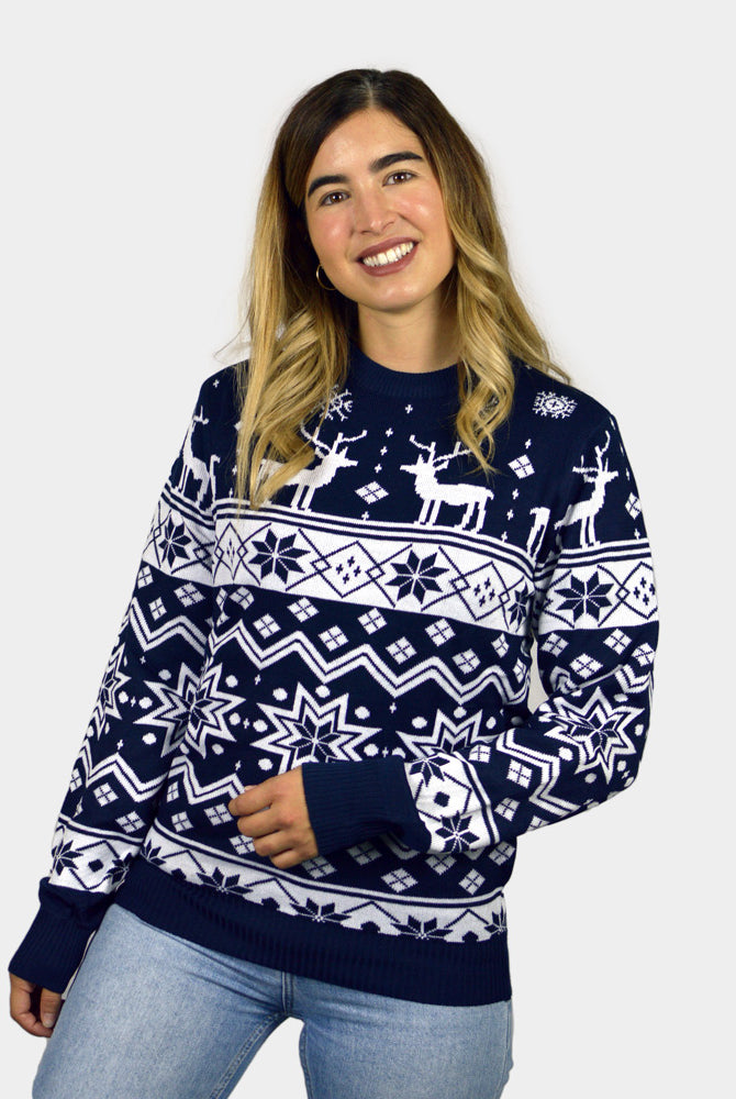 Pull de Noël pour Famille Bleu avec Renne et Étoiles Nordique Femme