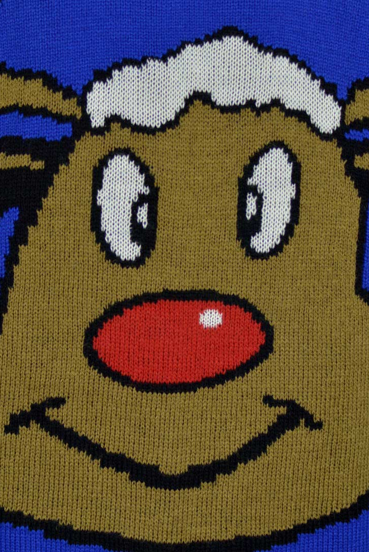 Pull de Noël pour Famille Bleu avec Renne Souriant Détail