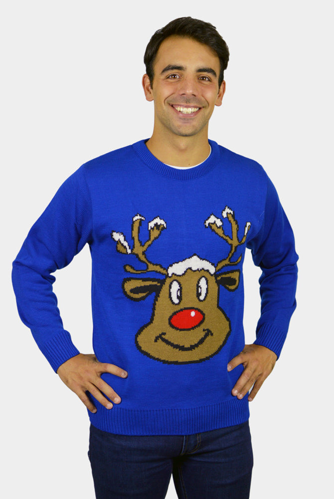 Pull de Noël pour Famille Bleu avec Renne Souriant Homme