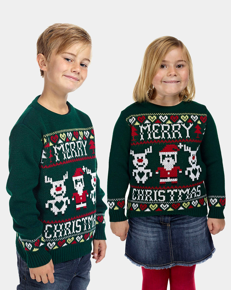 Pull de Noël pour Famille avec Rennes et Père Nöel Merry Christmas Fille et Garcon