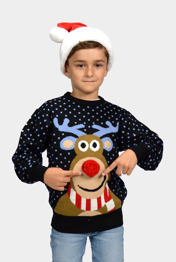 Pull de Noël pour Famille Bleu Renne au Nez Rouge 3D Garcon