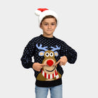 Pull de Noël pour Famille Bleu Renne au Nez Rouge 3D Garcon