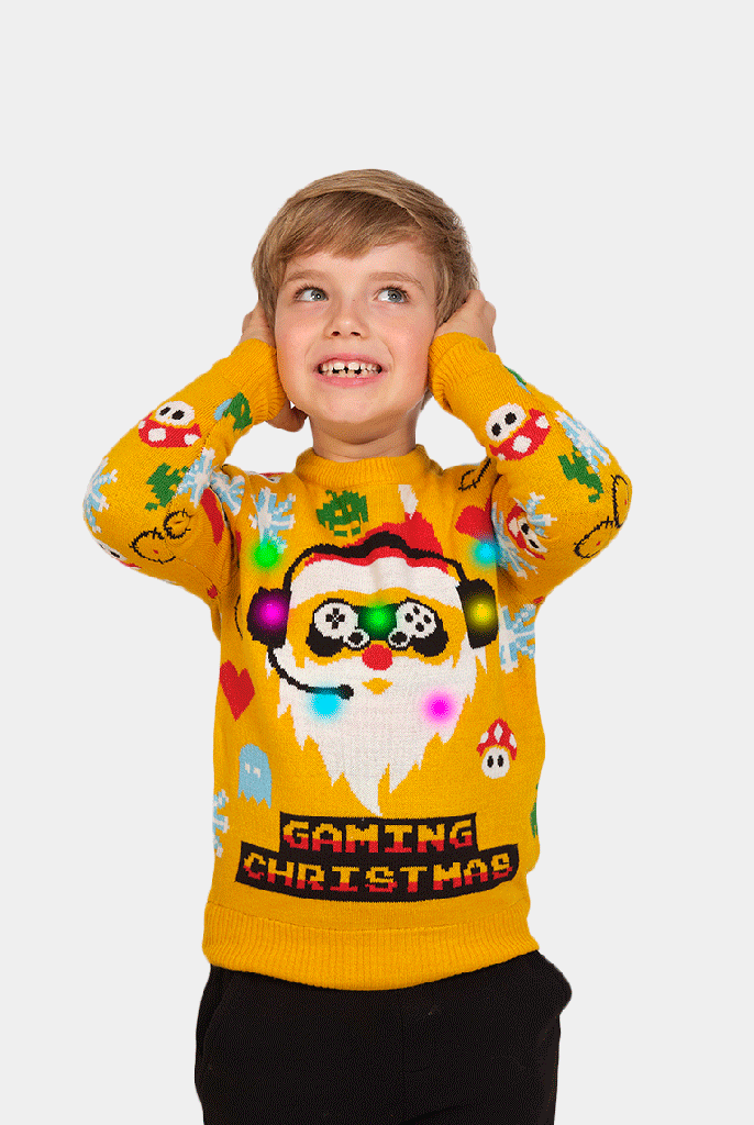 Pull de Noël pour Famille Lumineux LED Père Noël Gamer Garcon