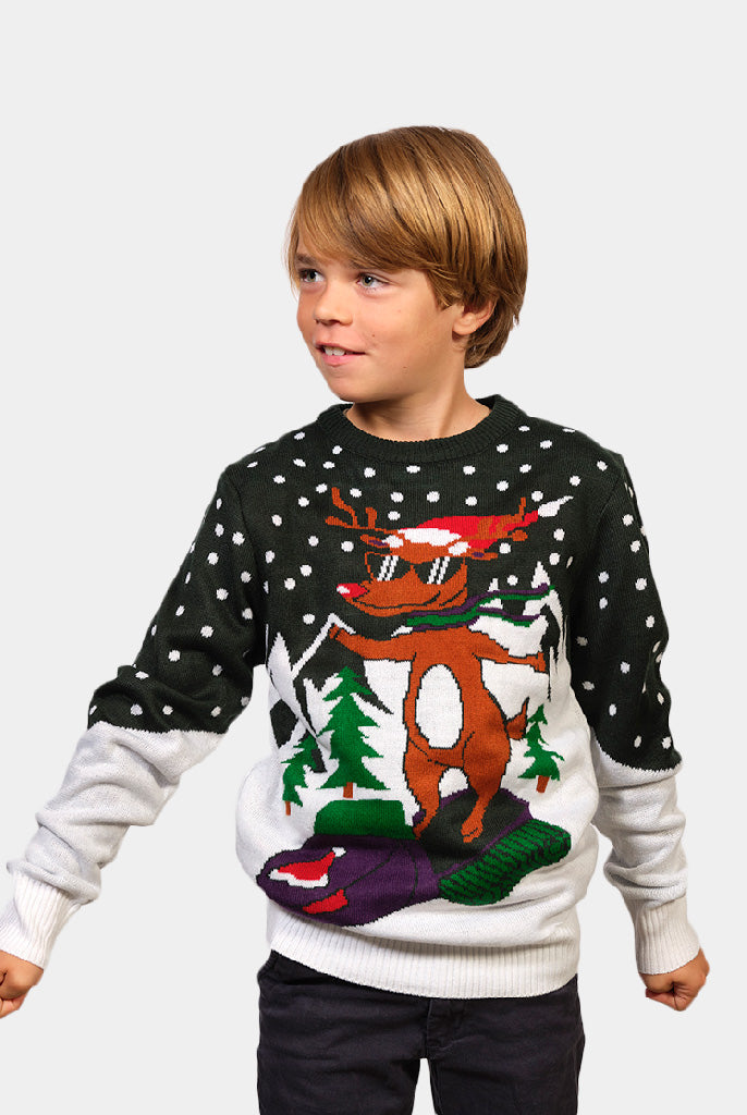Pull de Noël pour Famille Renne avec Motoneige Garcon