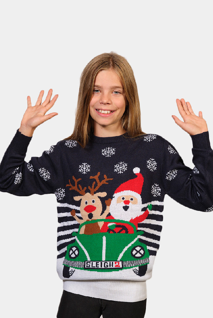 Pull de Noël pour Famille Renne et Père Noël Conduisent Fille