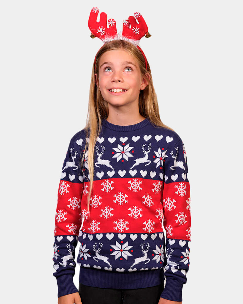 Pull de Noël pour Famille Rennes et Cœurs Bleu et Rouge Fille