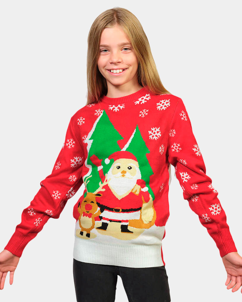Pull de Noël pour Famille Rouge avec Père Noël et Renne Saluant Fille