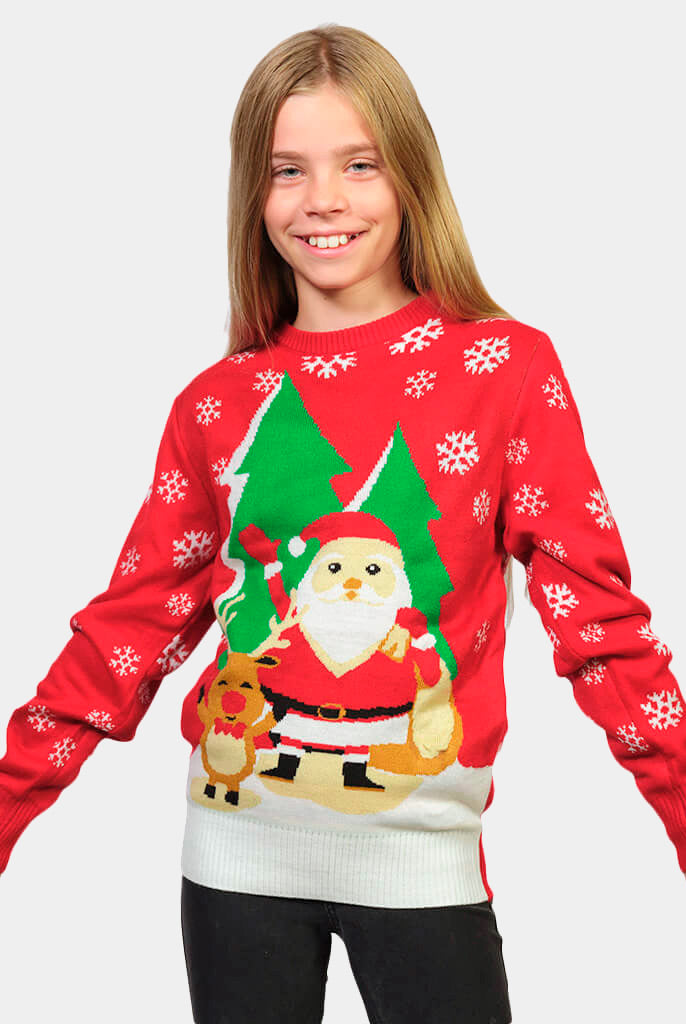 Pull de Noël pour Famille Rouge avec Père Noël et Renne Saluant Fille
