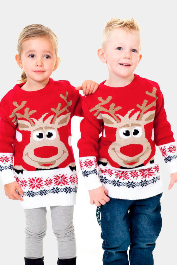 Pull de Noël pour Famille Rouge avec Renne et Neige Enfants