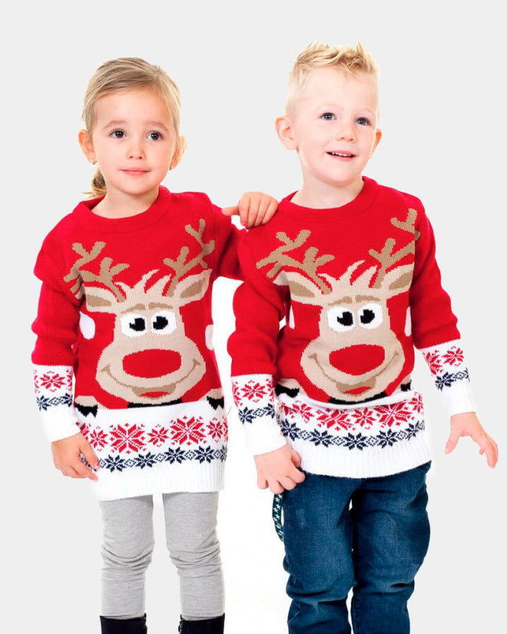 Pull de Noël pour Famille Rouge avec Renne et Neige Enfants