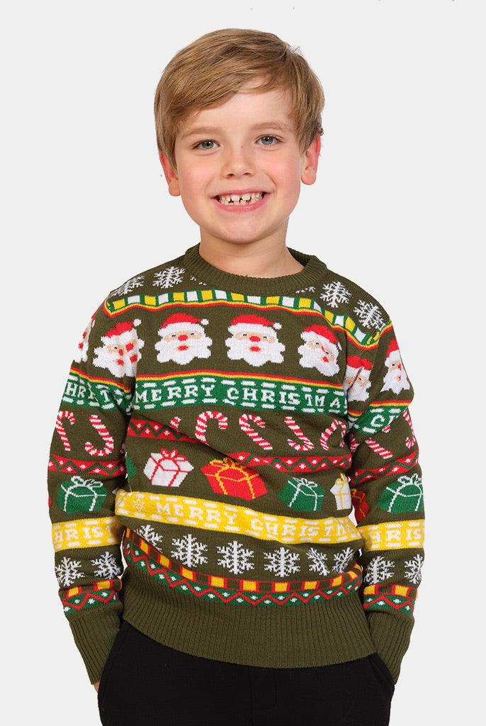 Pull de Noël pour Famille Vert avec Père Noël et Cadeaux Garcon