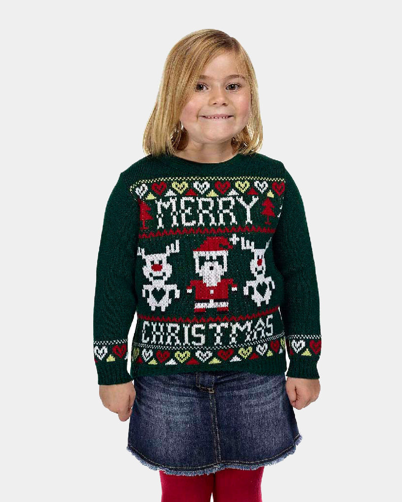 Pull de Noël pour Famille avec Rennes et Père Nöel Merry Christmas Fille