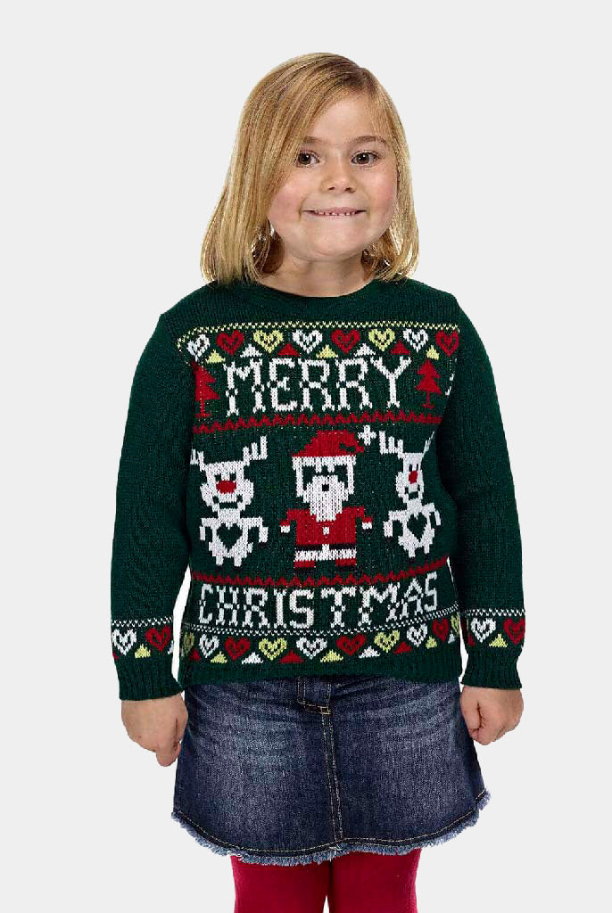 Pull de Noël pour Famille avec Rennes et Père Nöel Merry Christmas Fille