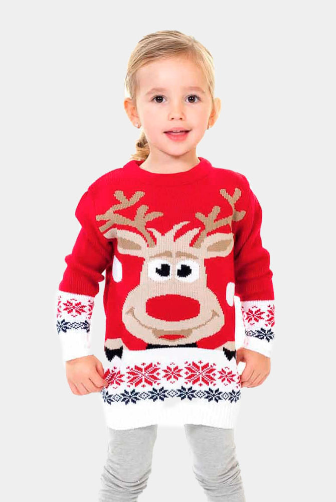Pull de Noël pour Famille Rouge avec Renne et Neige Fille