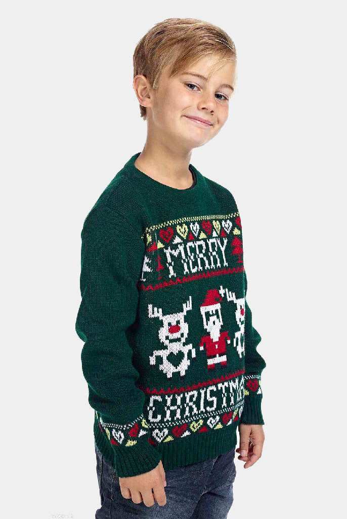 Pull de Noël pour Famille avec Rennes et Père Nöel Merry Christmas Garcon