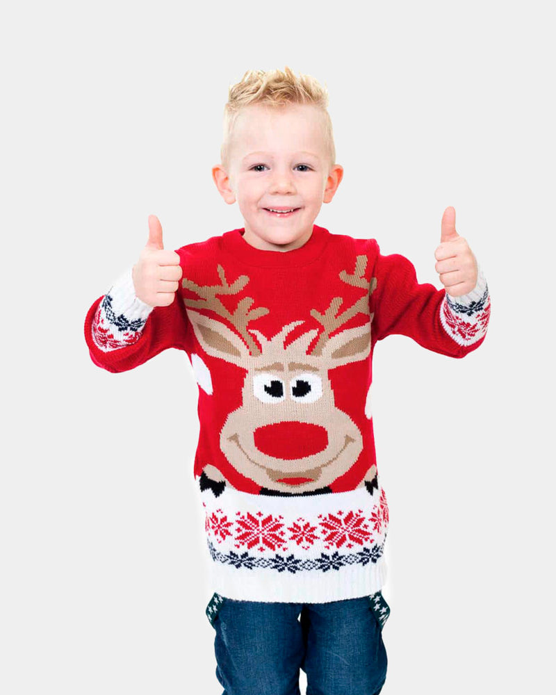 Pull de Noël pour Famille Rouge avec Renne et Neige Garcon