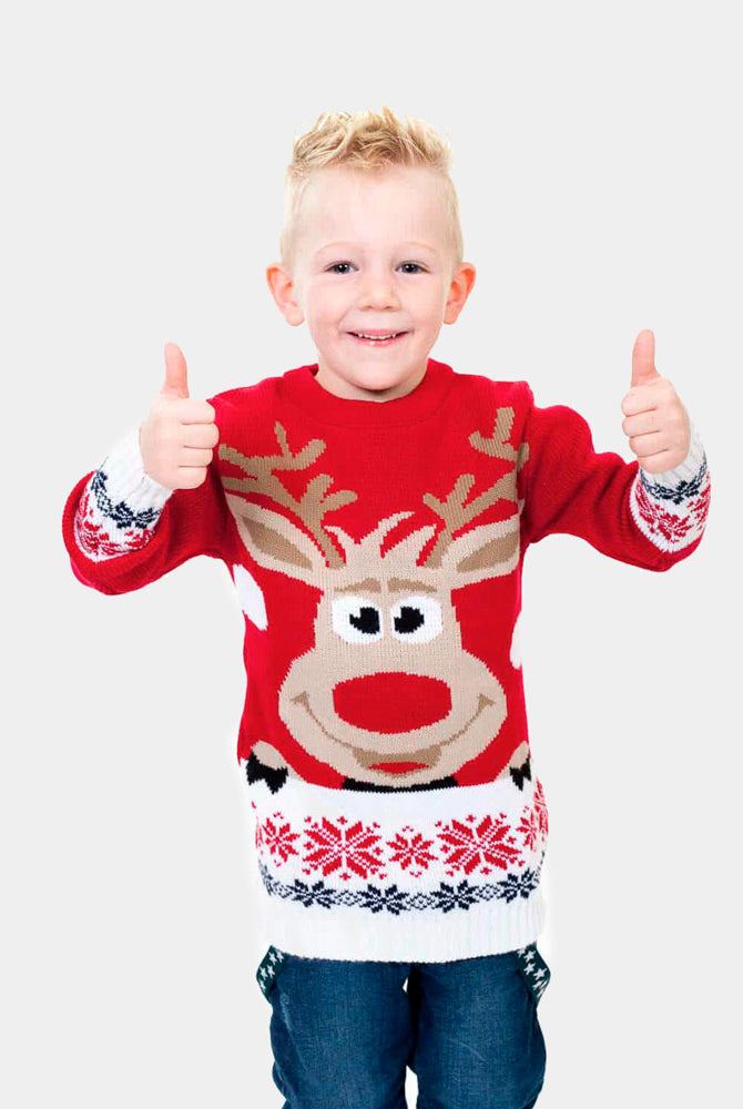 Pull de Noël pour Famille Rouge avec Renne et Neige Garcon