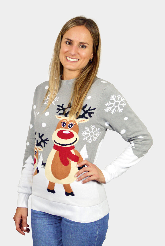 Pull de Noël pour Famille Gris avec Rennes Mignonnes Femme