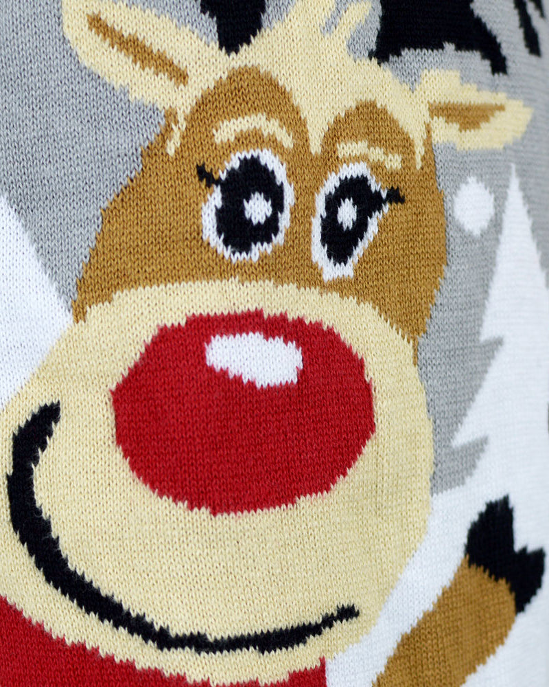 Pull de Noël pour Famille Gris avec Rennes Mignonnes Détail