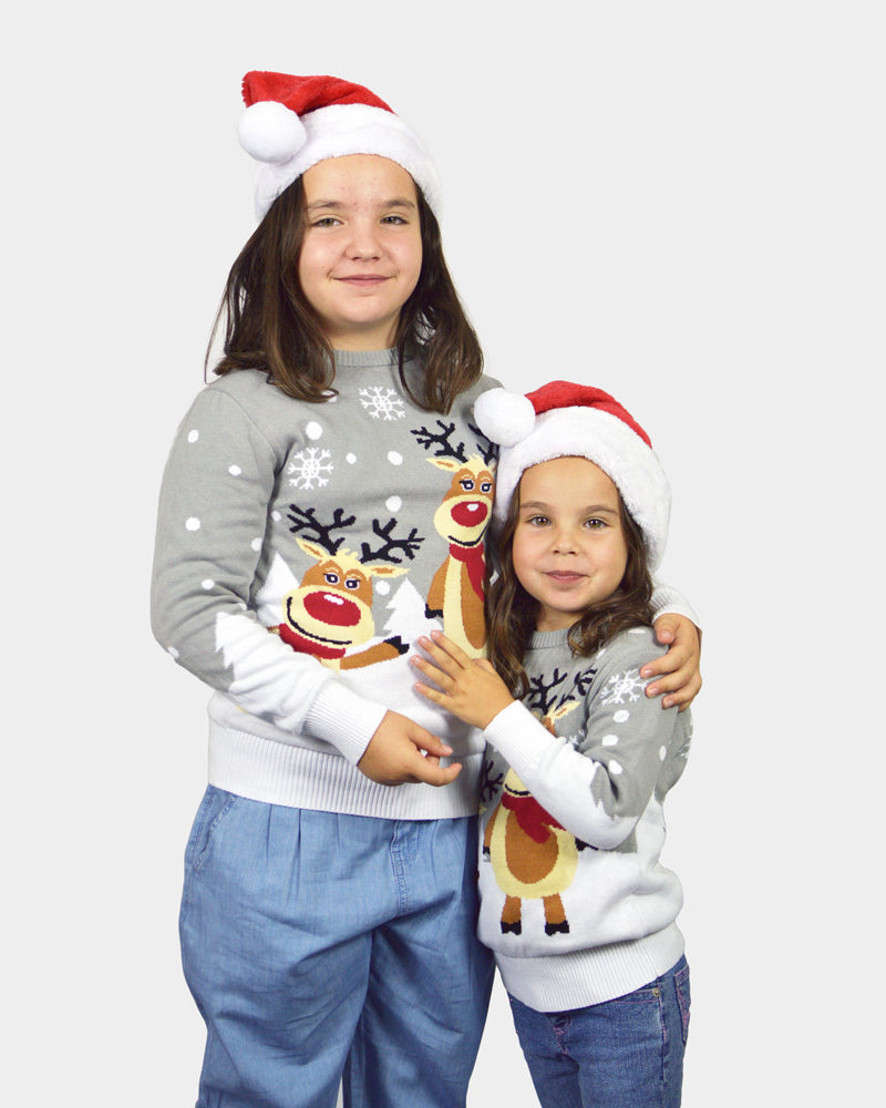 Pull de Noël pour Famille Gris avec Rennes Mignonnes Filles