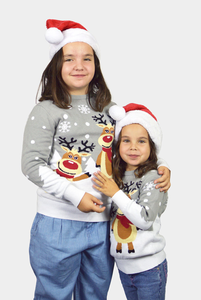 Pull de Noël pour Famille Gris avec Rennes Mignonnes Filles