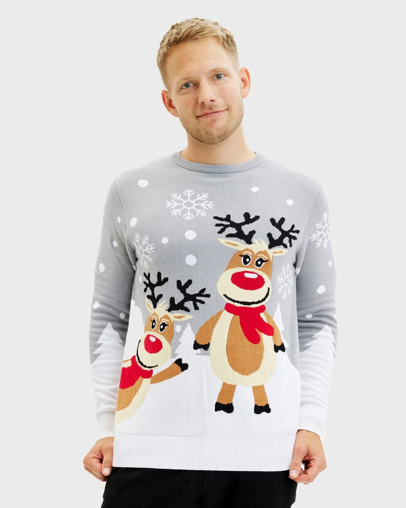 Pull de Noël pour Famille Gris avec Rennes Mignonnes Homme