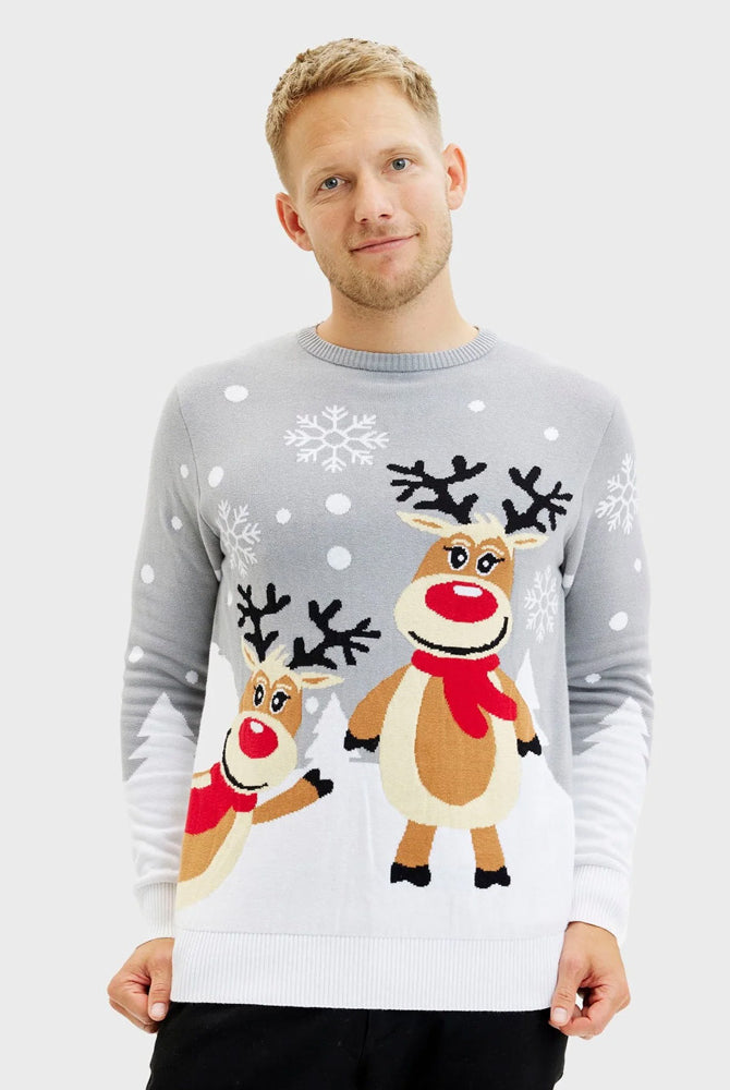 Pull de Noël pour Famille Gris avec Rennes Mignonnes Homme
