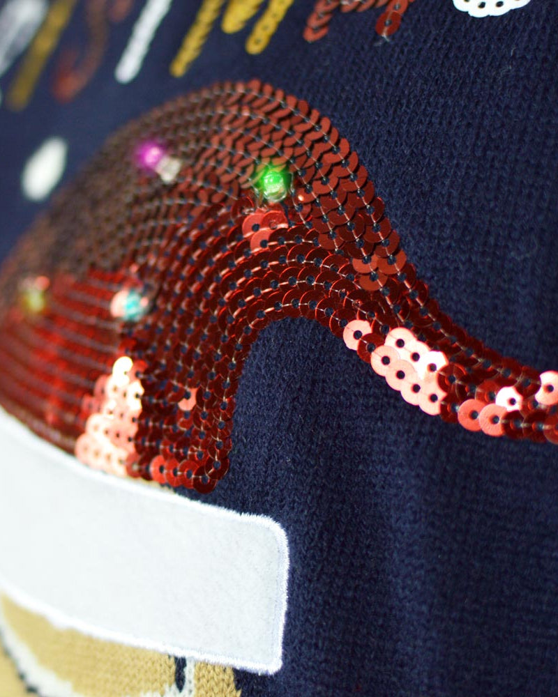 Pull de Noël pour Famille Lumineux LED Bleu Ginger Cookie Détail Neige