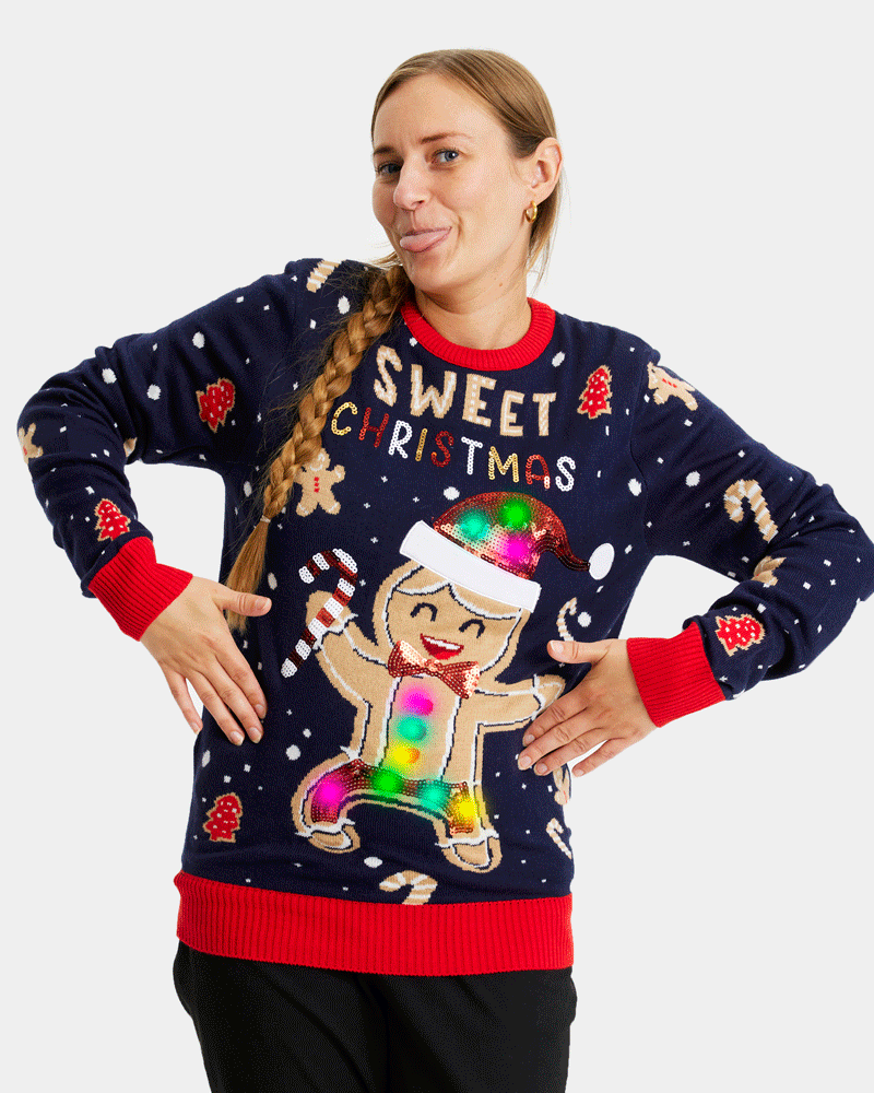 Pull de Noël pour Famille Lumineux LED Bleu Ginger Cookie Femme