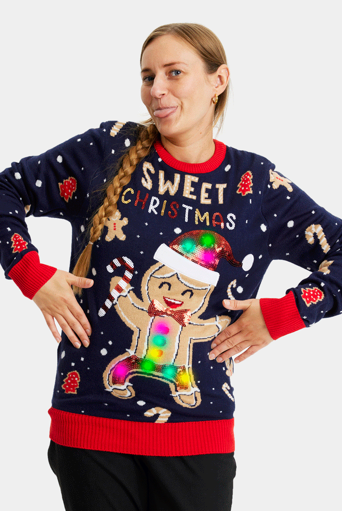 Pull de Noël pour Famille Lumineux LED Bleu Ginger Cookie Femme