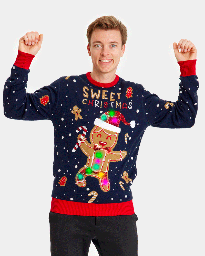 Pull de Noël pour Famille Lumineux LED Bleu Ginger Cookie Homme