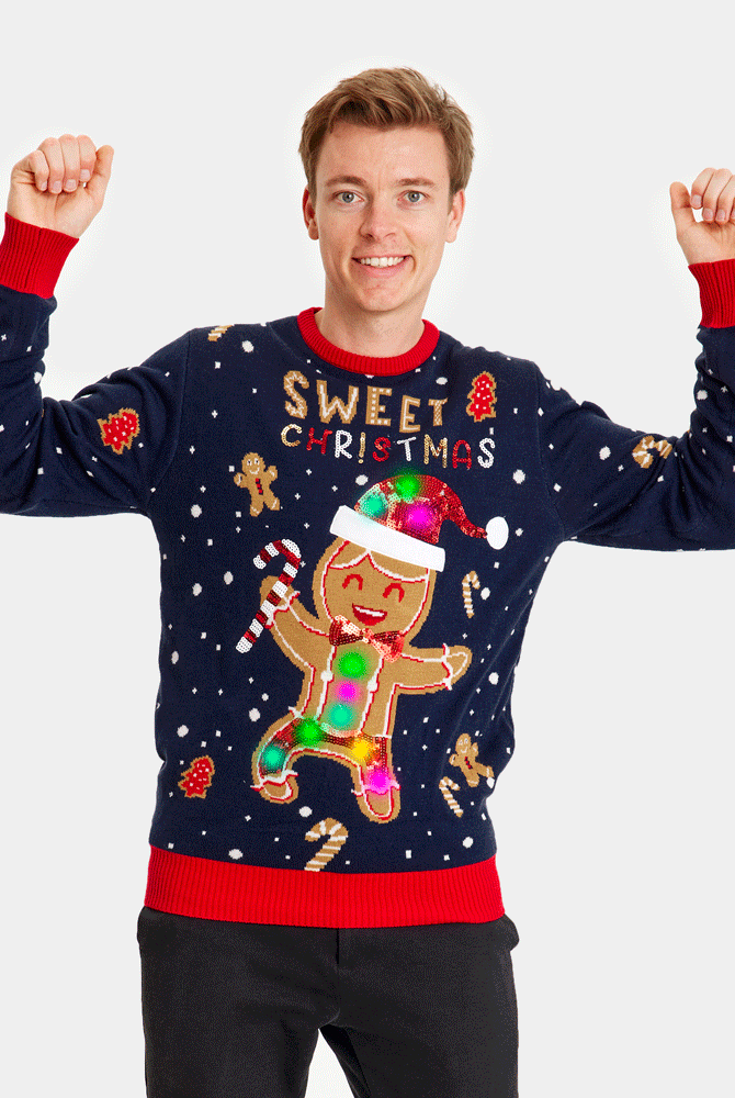 Pull de Noël pour Famille Lumineux LED Bleu Ginger Cookie Homme