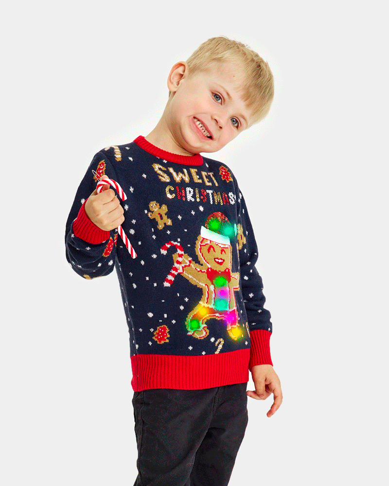 Pull de Noël pour Famille Lumineux LED Bleu Ginger Cookie Enfants