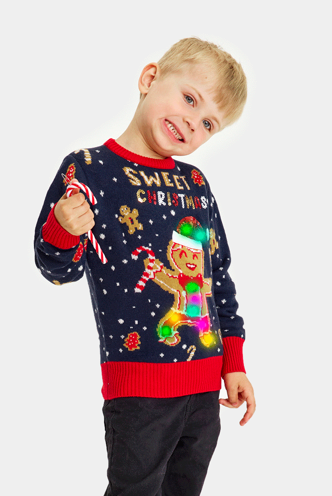 Pull de Noël pour Famille Lumineux LED Bleu Ginger Cookie Enfants