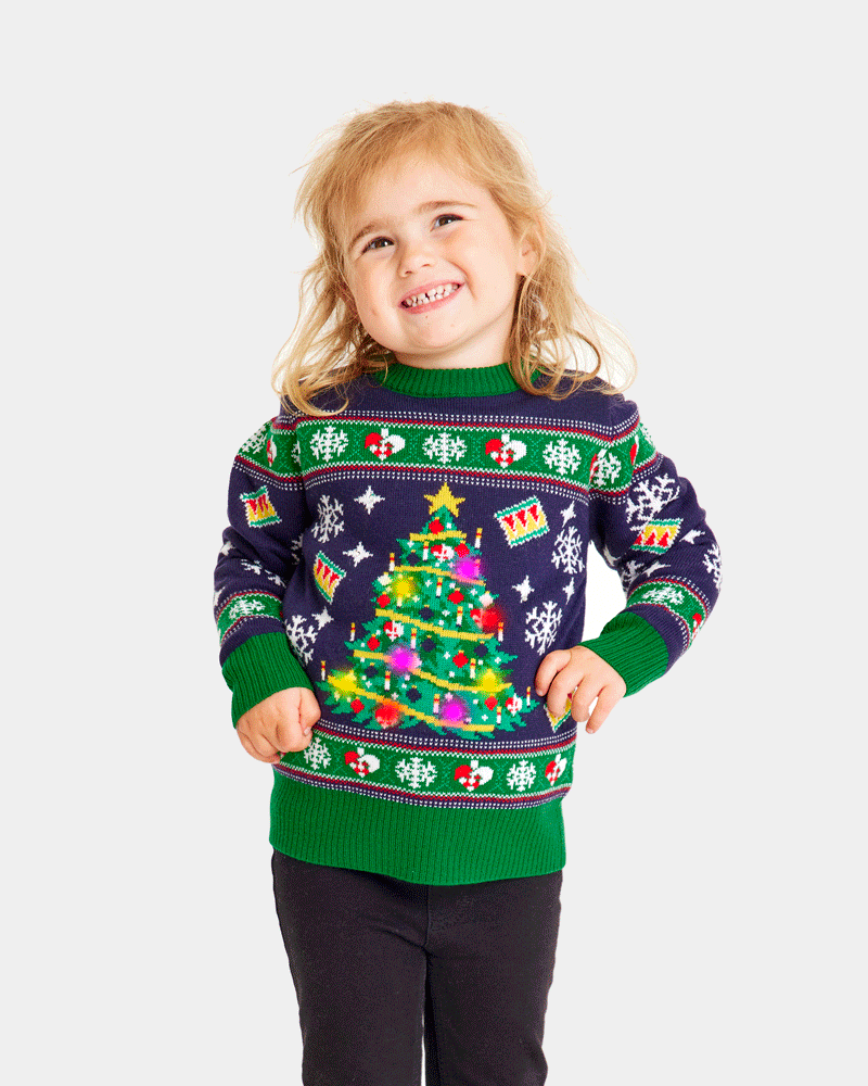 Pull de Noël pour Famille Lumineux LED Bleu avec Sapin de Noël Enfants