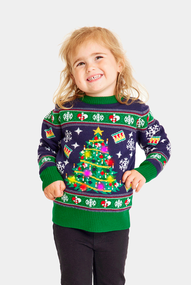 Pull de Noël pour Famille Lumineux LED Bleu avec Sapin de Noël Enfants