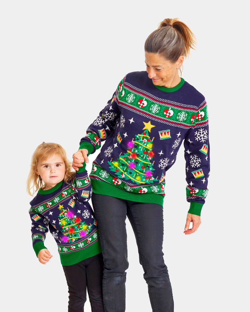 Pull de Noël pour Famille Lumineux LED Bleu avec Sapin de Noël Femme