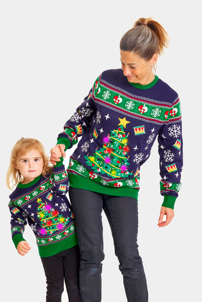 Pull de Noël pour Famille Lumineux LED Bleu avec Sapin de Noël Femme