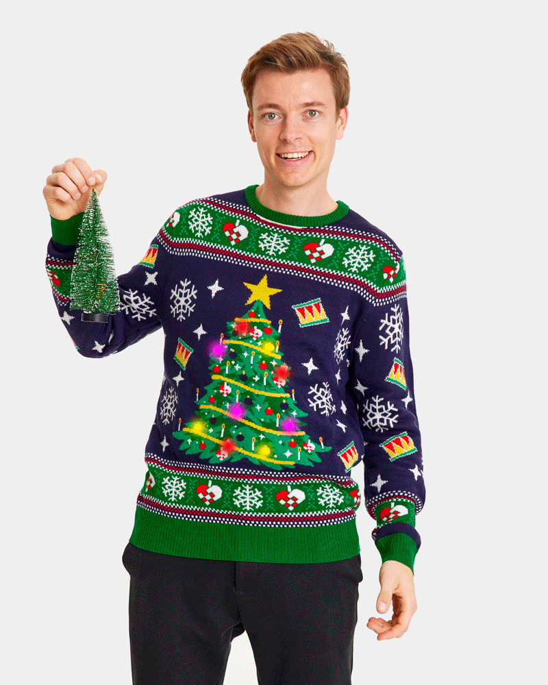 Pull de Noël pour Famille Lumineux LED Bleu avec Sapin de Noël Homme