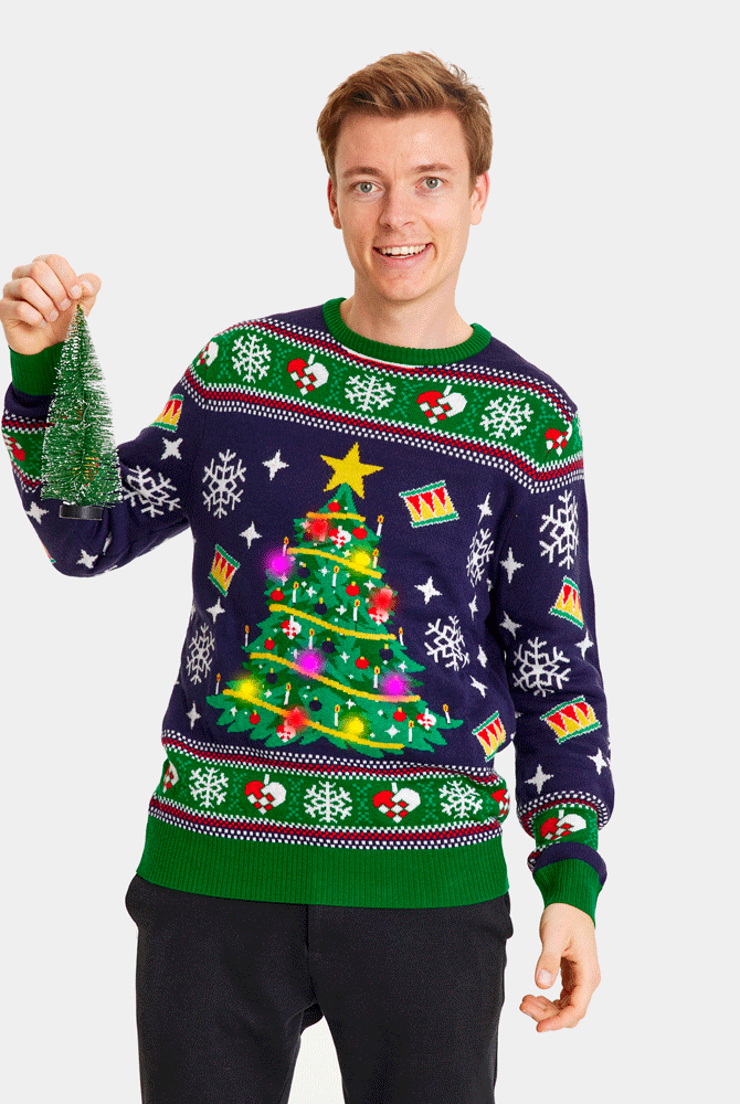 Pull de Noël pour Famille Lumineux LED Bleu avec Sapin de Noël Homme