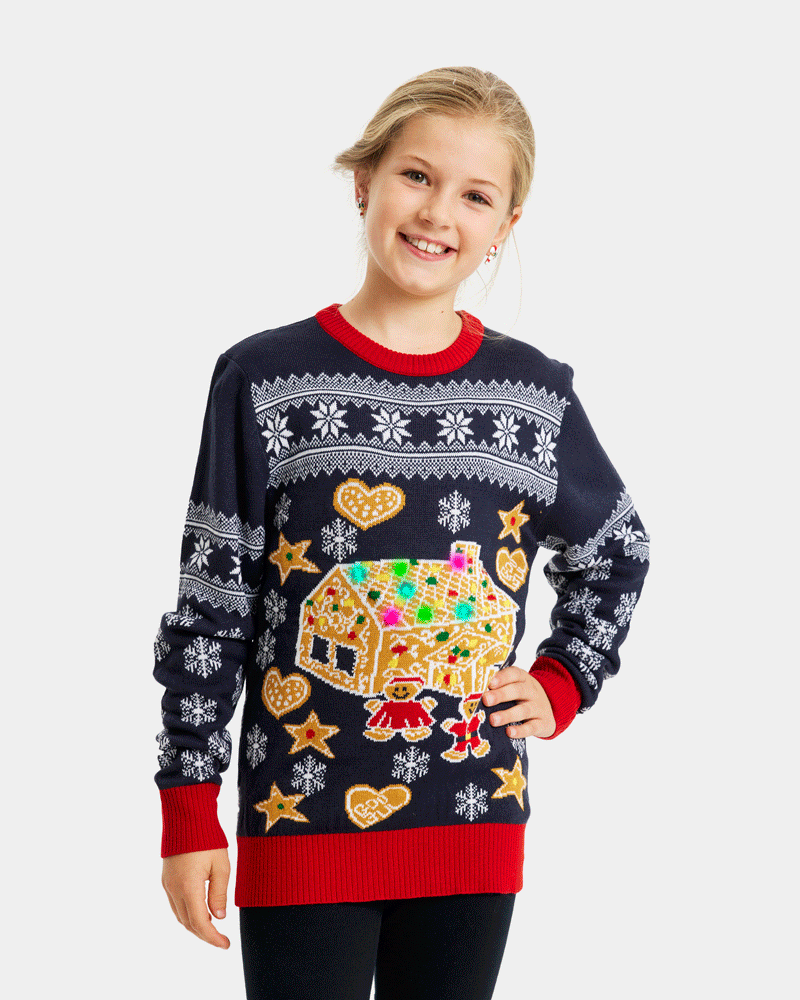 Pull de Noël pour Famille Lumineux LED avec Maison de pain d'épices Enfant