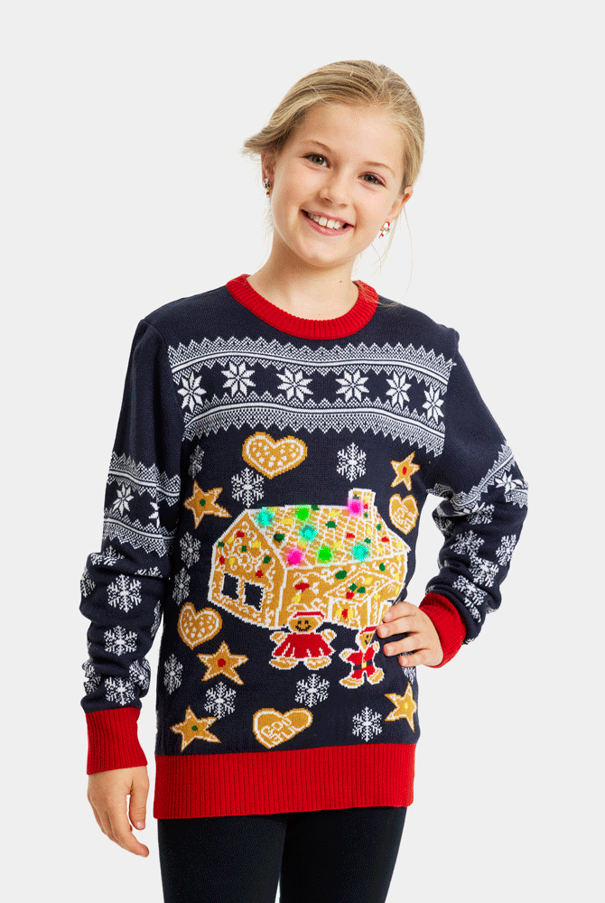 Pull de Noël pour Famille Lumineux LED avec Maison de pain d'épices Enfant
