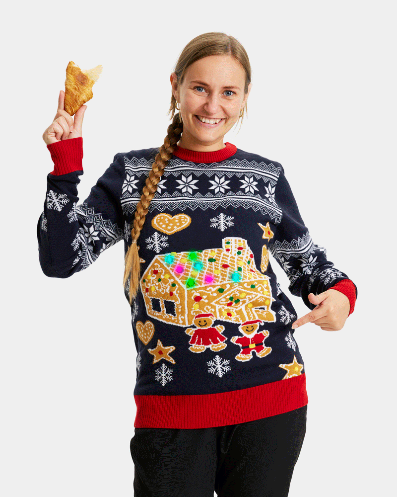 Pull de Noël pour Famille Lumineux LED avec Maison de pain d'épices Femme