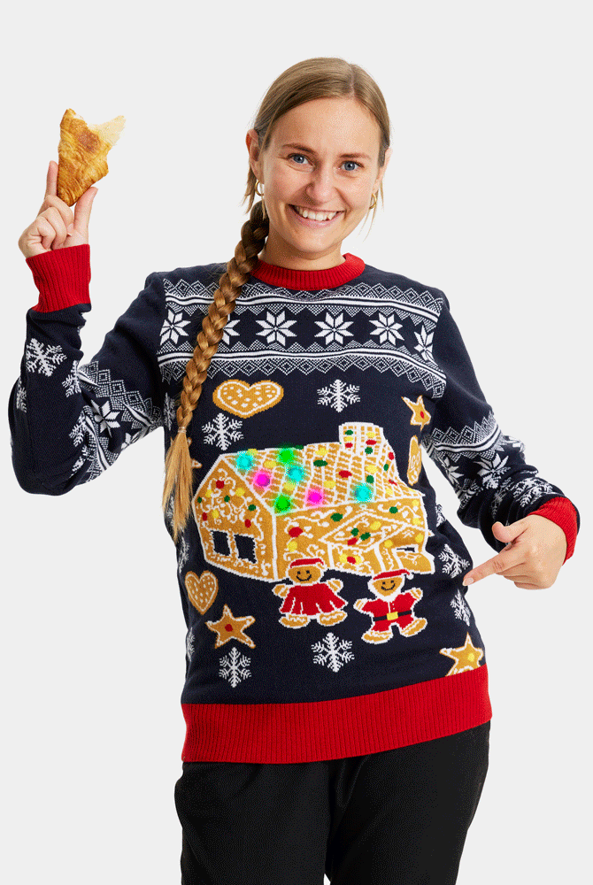 Pull de Noël pour Famille Lumineux LED avec Maison de pain d'épices Femme