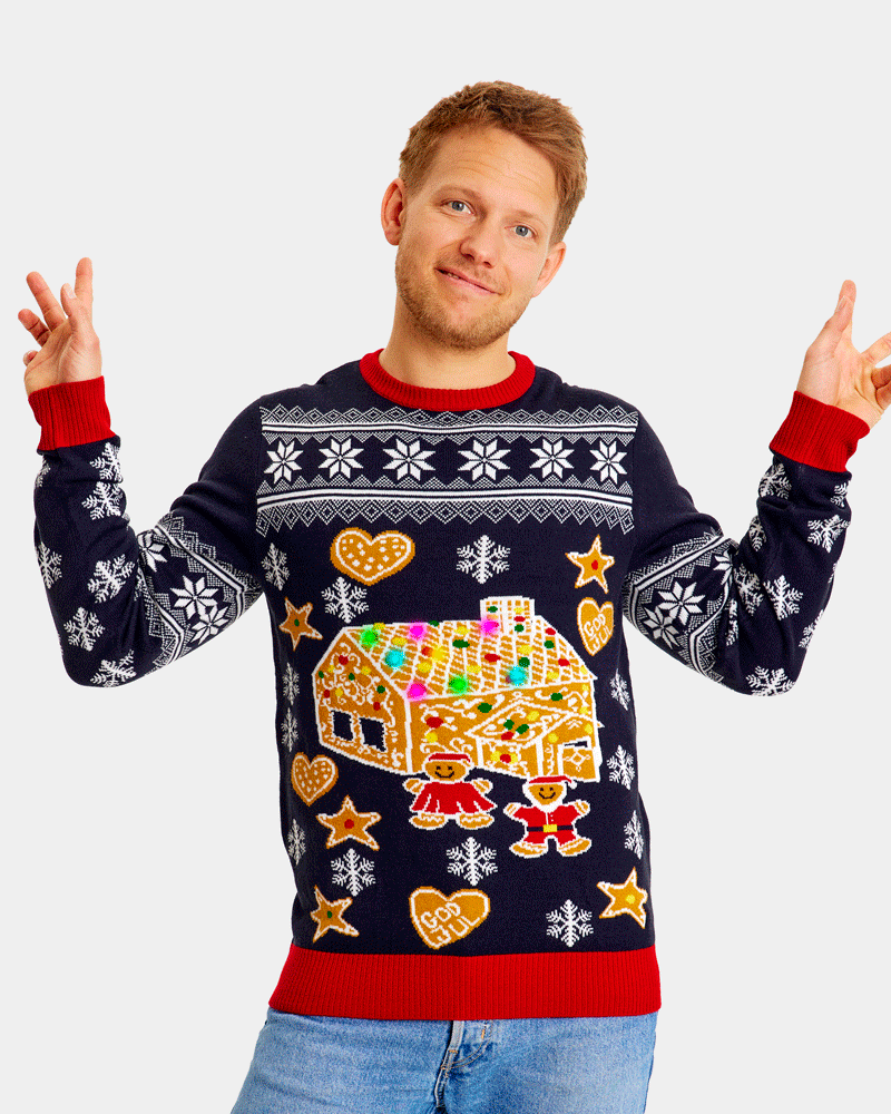 Pull de Noël pour Famille Lumineux LED avec Maison de pain d'épices Homme
