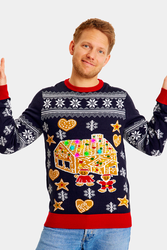 Pull de Noël pour Famille Lumineux LED avec Maison de pain d'épices Homme