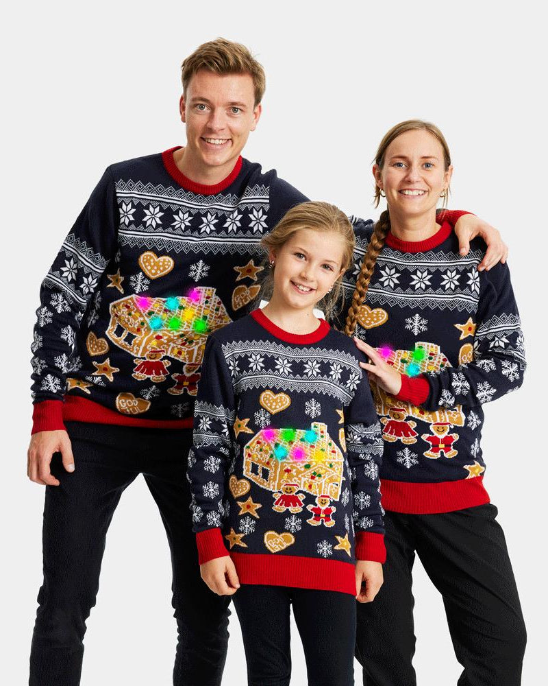 Pull de Noël pour Famille Lumineux LED avec Maison de pain d'épices