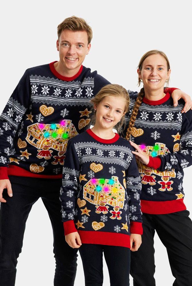 Pull de Noël pour Famille Lumineux LED avec Maison de pain d'épices